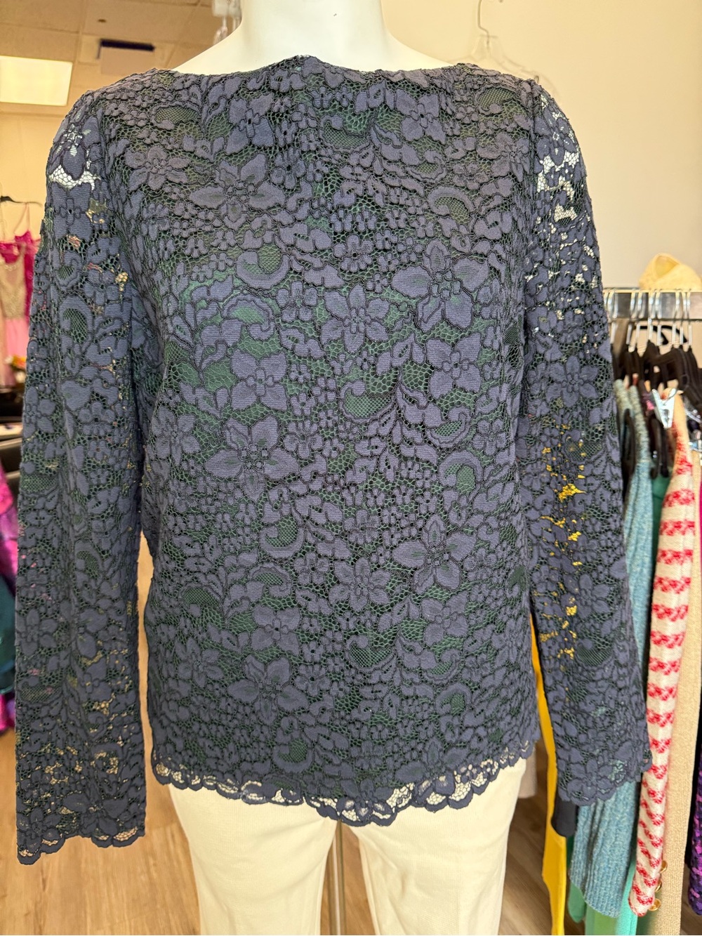 Tory Burch Navy Floral Lace Long-Sleeve Blouse